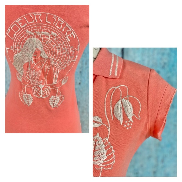 Johnny Was Coral Embroidered Cotton Polo Top - Picture 6 of 14